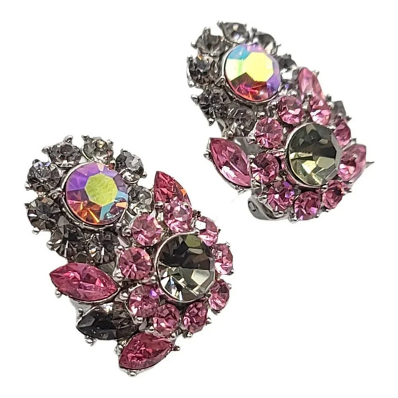 TRIFARI Black Diamond Grey Pink Rhinestone Aurora Borealis Silver Tone Earrings - Picture 2 of 4